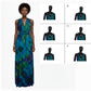 Woman wearing a Infinity blue tie-dye dress with mannequin displays of the same dress.