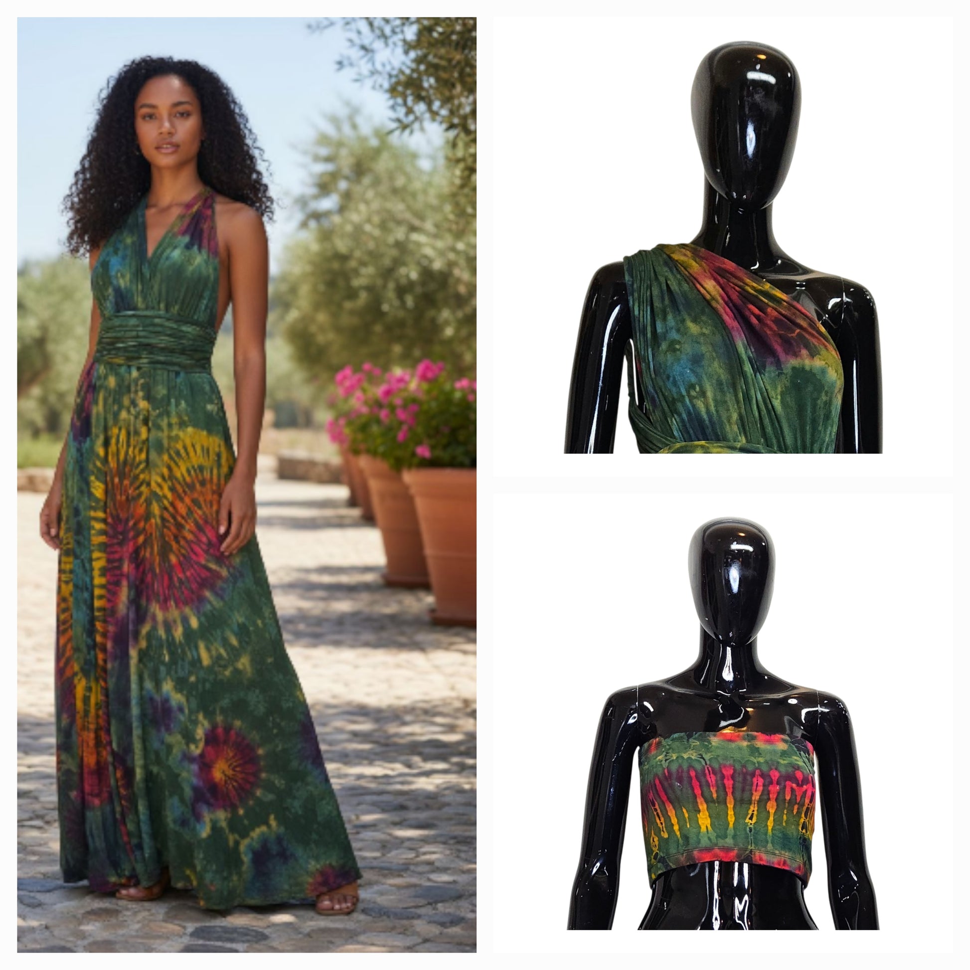 Woman wearing a Infinity tie-dye wrap dress outdoors with two mannequins displaying the same dress.