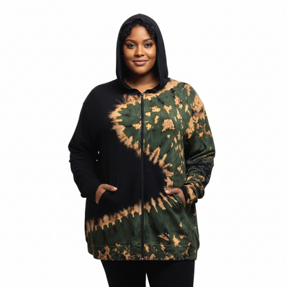 Hoodie with black and green tie-dye pattern on a white background