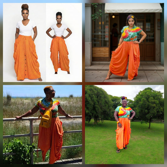 Woman wearing a colorful outfit with orange pants in various settings.