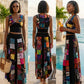 Woman wearing a colorful patchwork yop and skirt by a poolside with ocean view