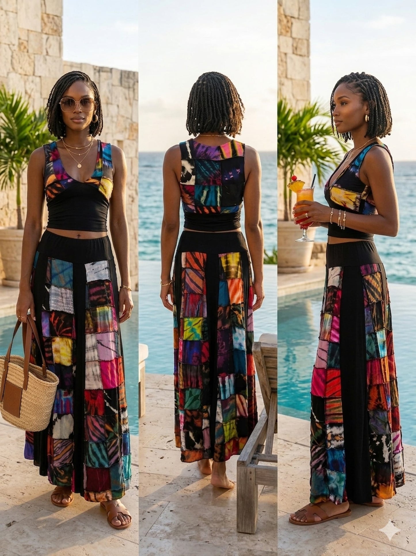 Woman wearing a colorful patchwork yop and skirt by a poolside with ocean view