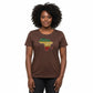 Brown t-shirt with Africa map design on a model against a white background