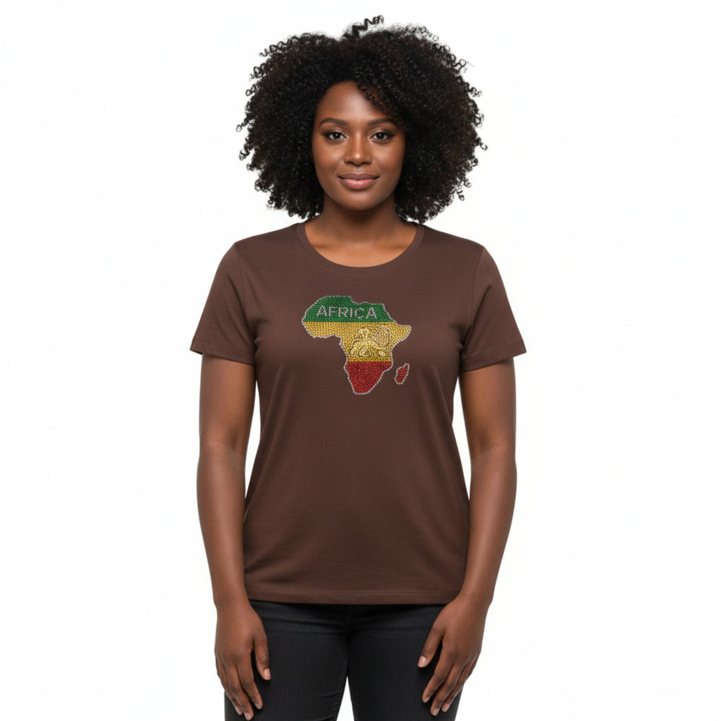 Brown t-shirt with Africa map design on a model against a white background
