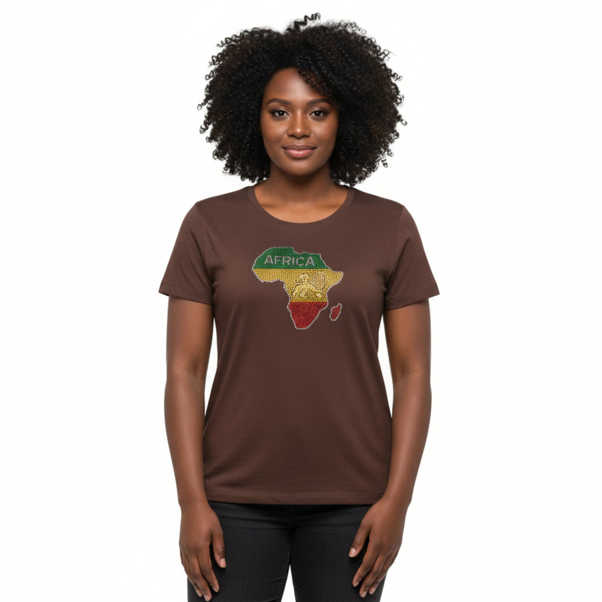 Brown t-shirt with Africa map design on a model against a white background