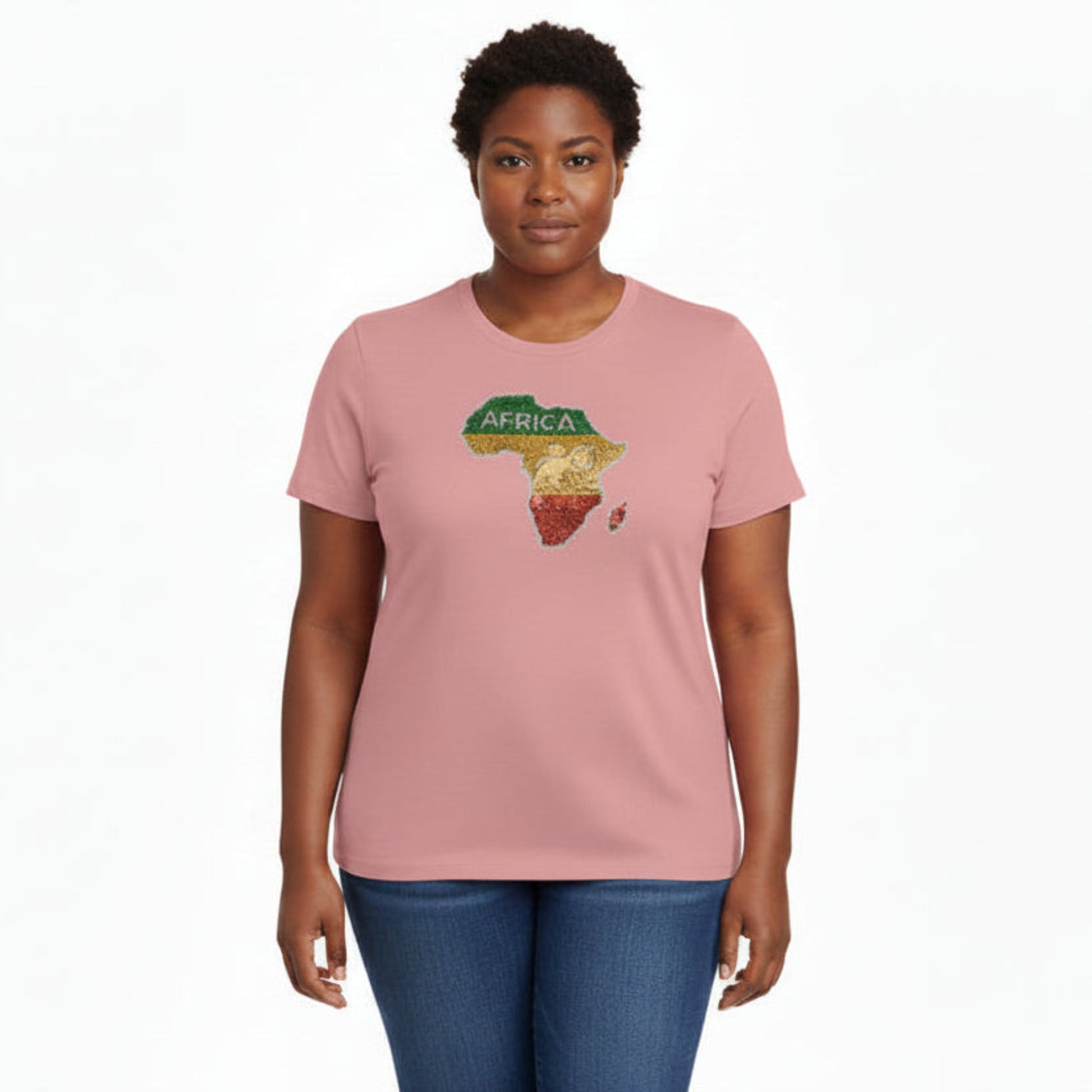 Person wearing a pink t-shirt with an 'Africa' graphic on a white background