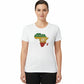 Woman wearing a white t-shirt with a colorful Africa map design on a white background. SanJules