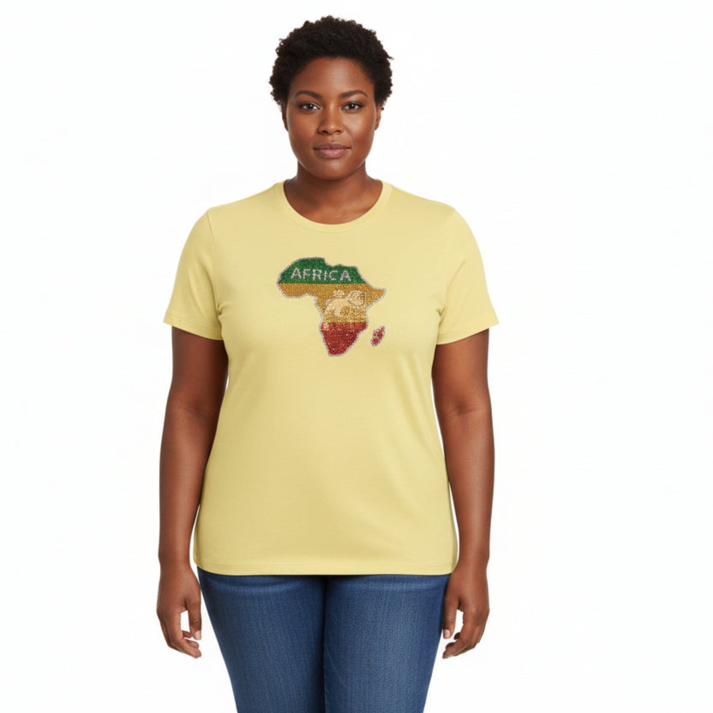 Woman wearing a yellow t-shirt with an 'Africa' graphic design on a white background