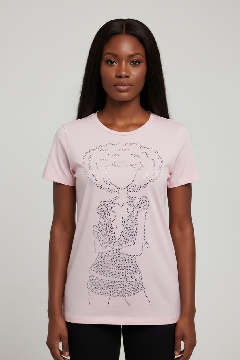 Pink Afro Diva Rhinestone T-Shirt with a full-body silhouette diva design in sparkling clear rhinestones.