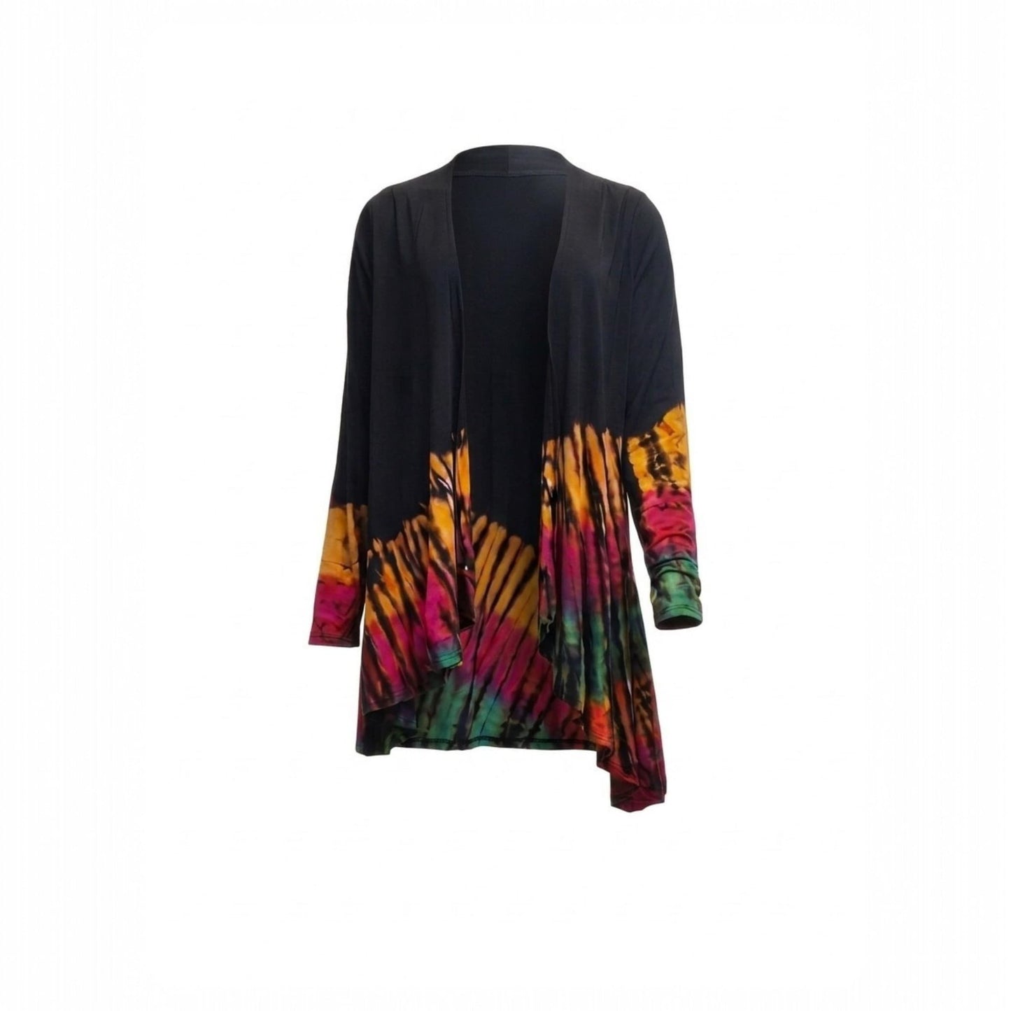 Black cardigan with colorful tie-dye pattern on a white background