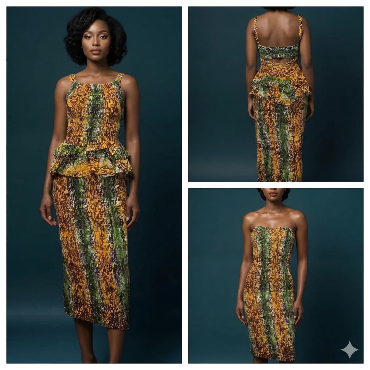 Collage of a woman wearing a batik two piece set from different angles on a dark background