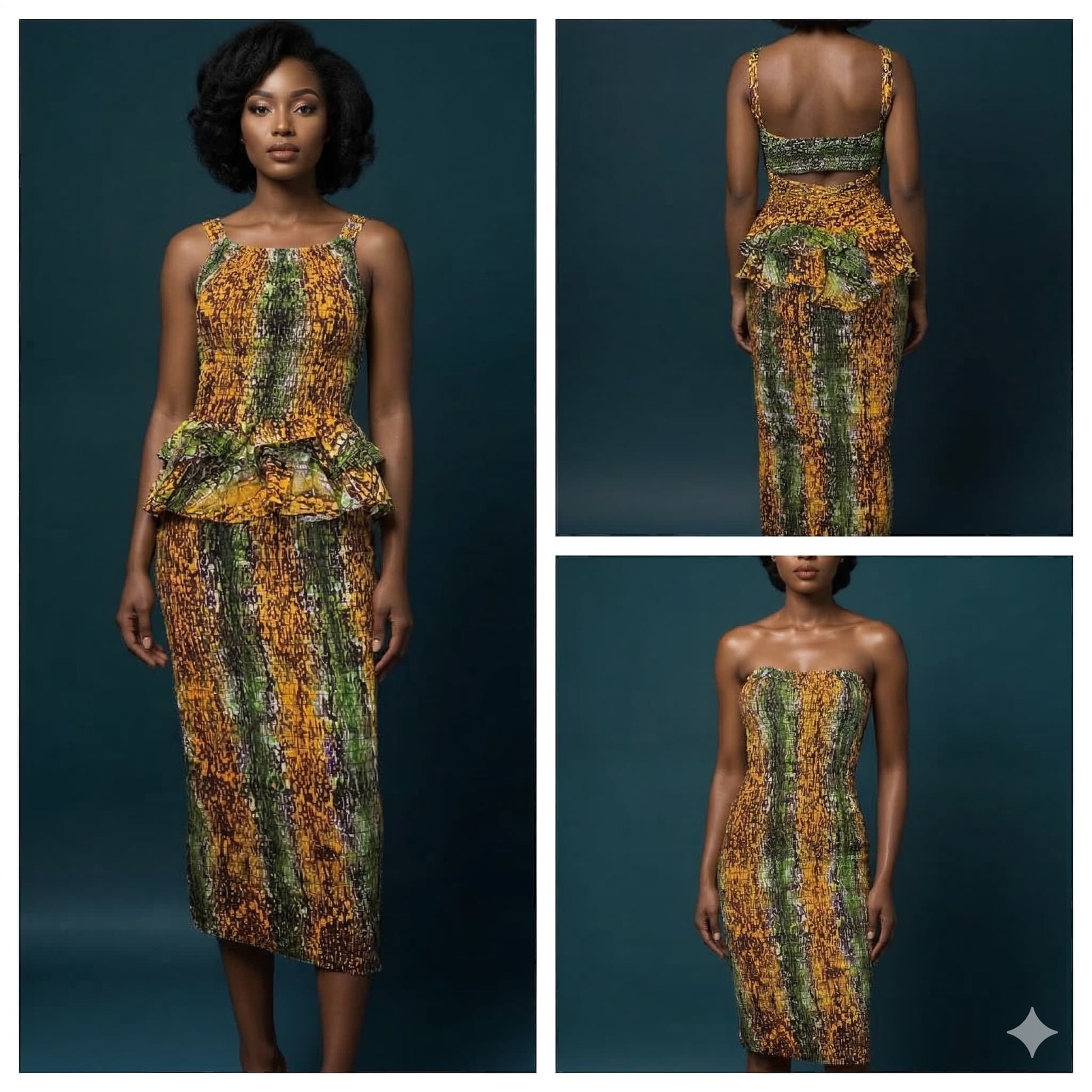 Collage of a woman wearing a batik two piece set from different angles on a dark background