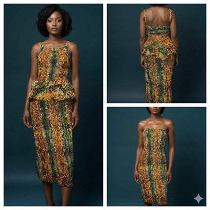 Collage of a woman wearing a batik two piece set from different angles on a dark background