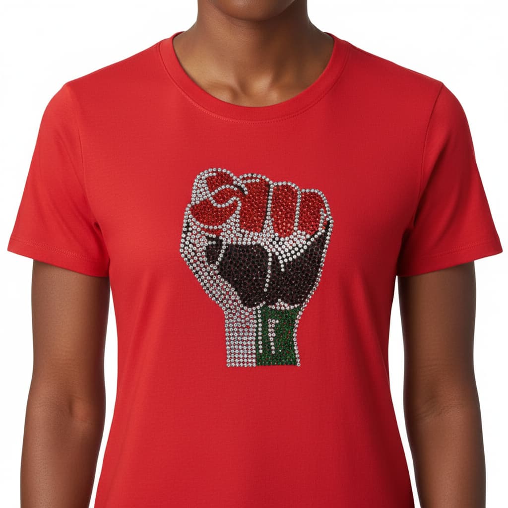 Red unisex t-shirt with a large, sparkling rhinestone Black Power fist in red, black, and green.