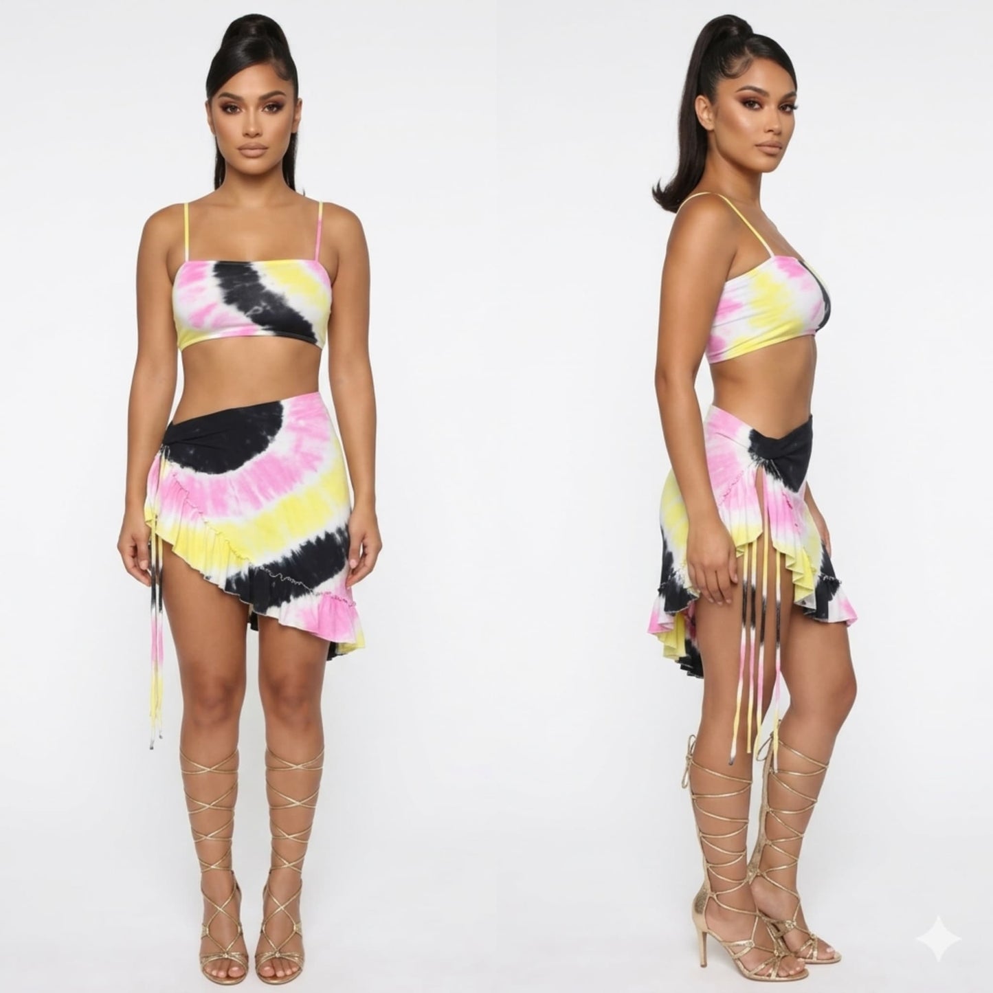 Woman wearing a colorful tie-dye skirt two piece skirt set strings to tie  on a white background