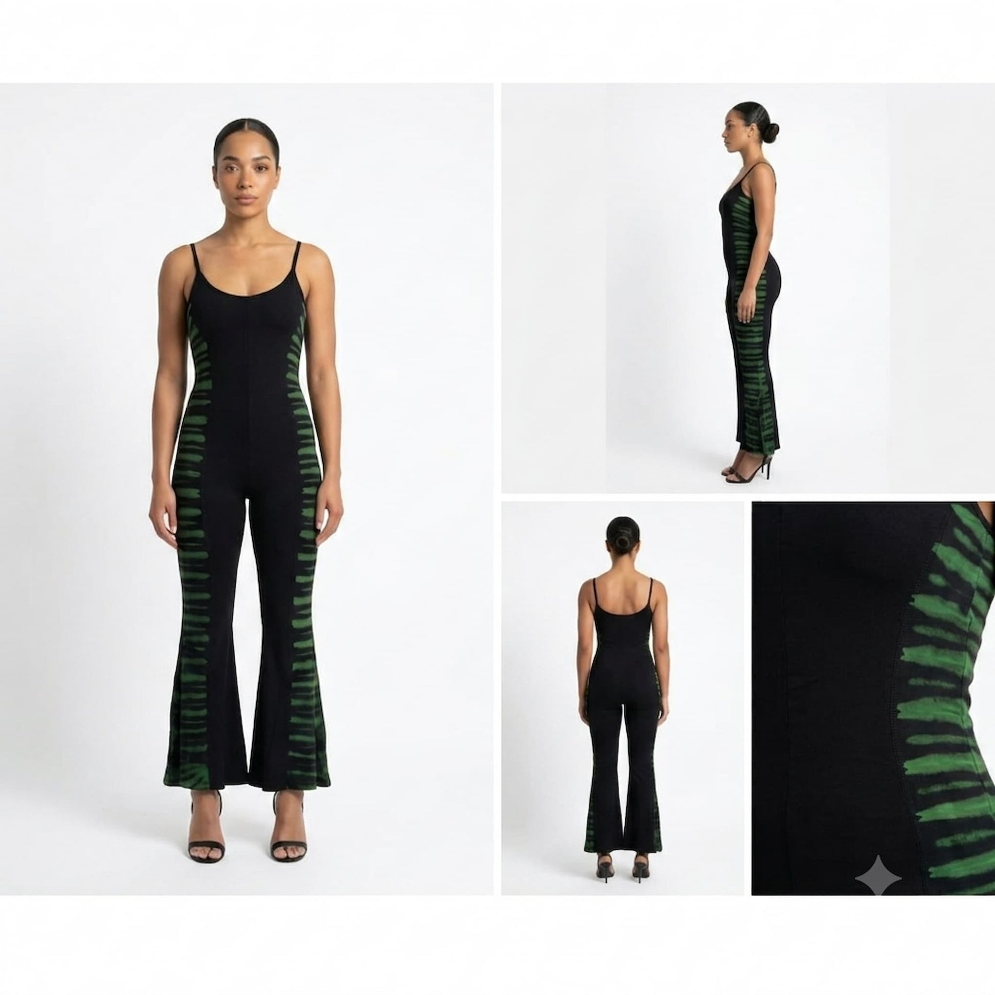 Woman wearing black bodysuit with green tie dye on the sides