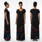 A woman modeling a long black maxi dress in three views: side, front, and back. The dress is V neck.
