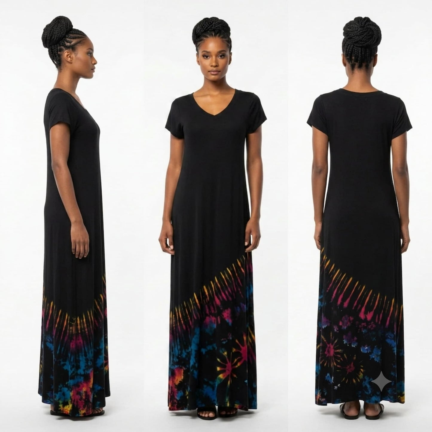 A woman modeling a long black maxi dress in three views: side, front, and back. The dress is V neck.