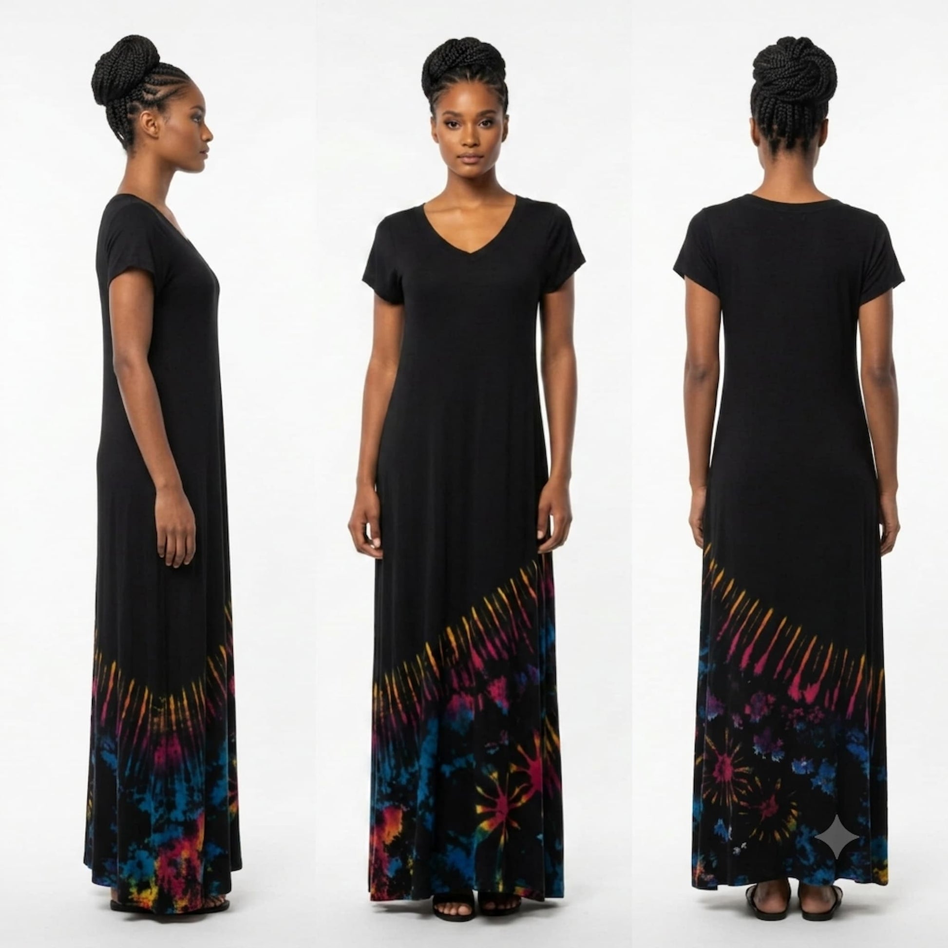 A woman modeling a long black maxi dress in three views: side, front, and back. The dress is V neck.