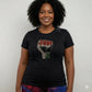 Unisex black cotton t-shirt with a rhinestone Black Power fist in red, black, and green.