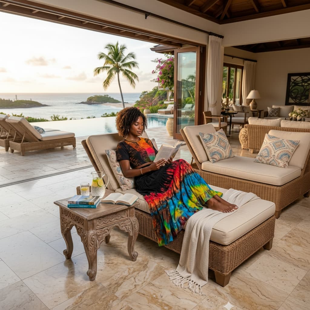 Woman reading a book on a lounge chair with a scenic ocean view in the background