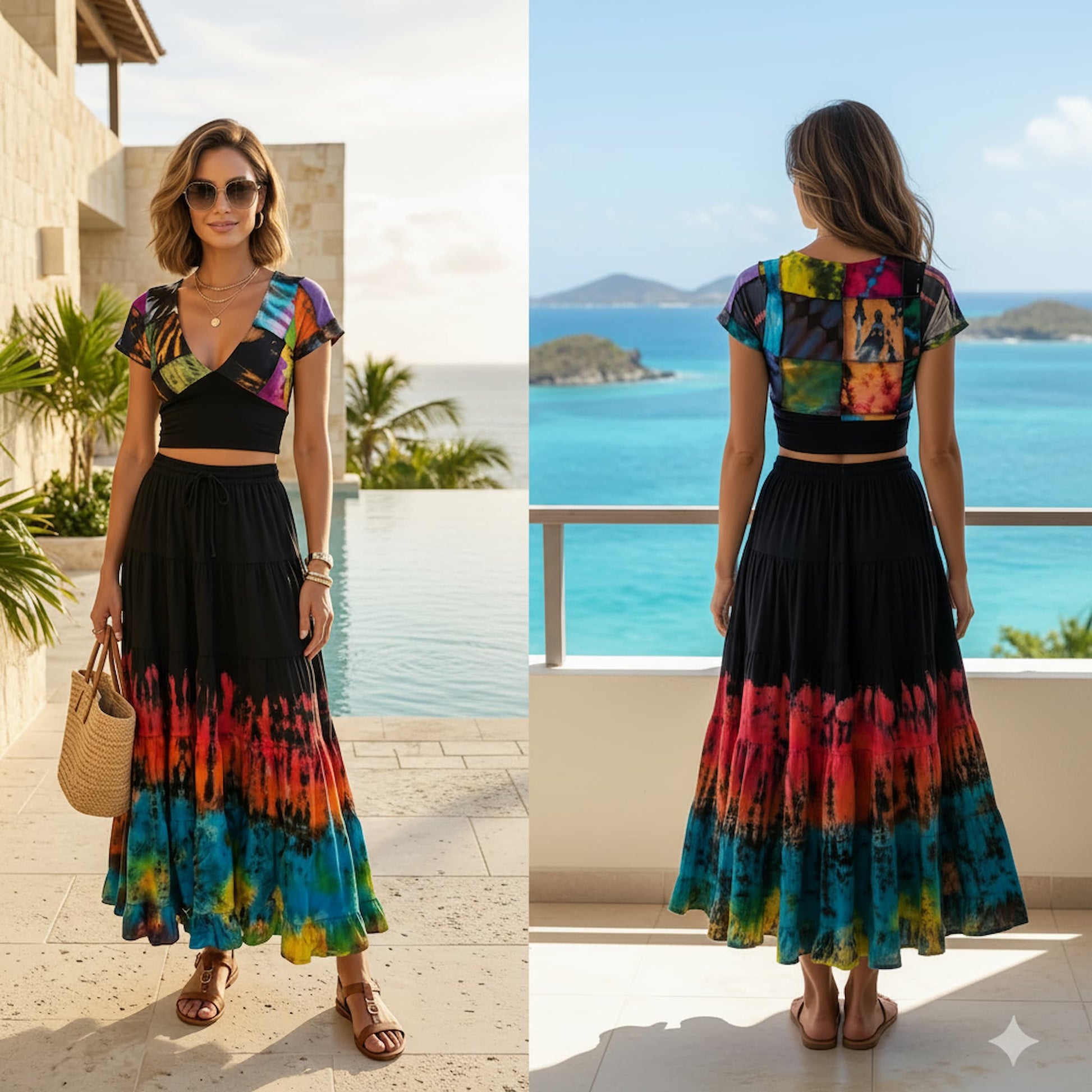 Woman wearing a colorful top and black tie-dye skirt by a pool with ocean view.