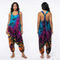 Woman wearing a tie-dye harem jumpsuit from front and back views on a white background