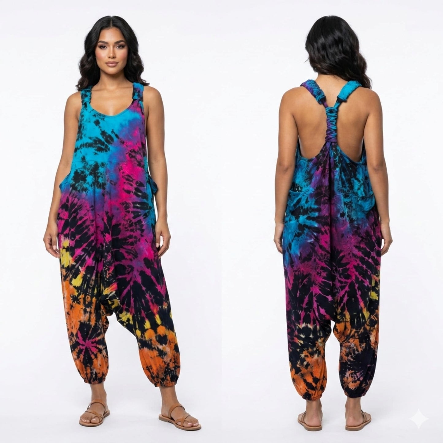 Woman wearing a tie-dye harem jumpsuit from front and back views on a white background