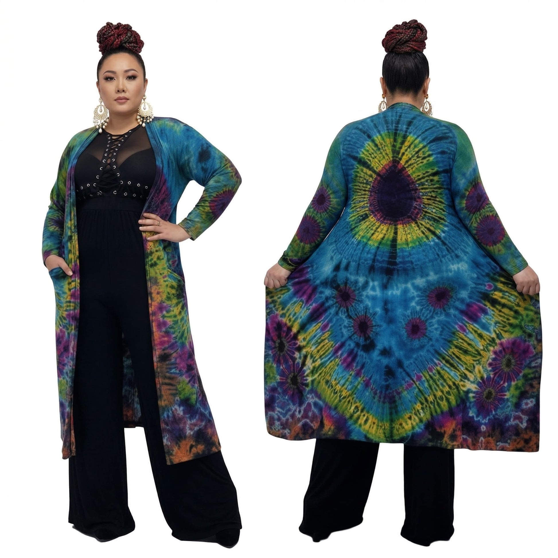 Woman wearing a colorful tie-dye duster with a black top and pants under