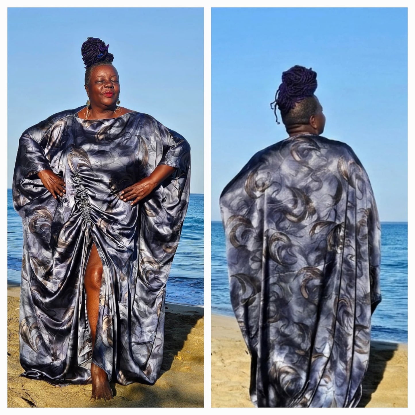 Woman wearing a patterned boubou  dress on a beach, shown from front and back.