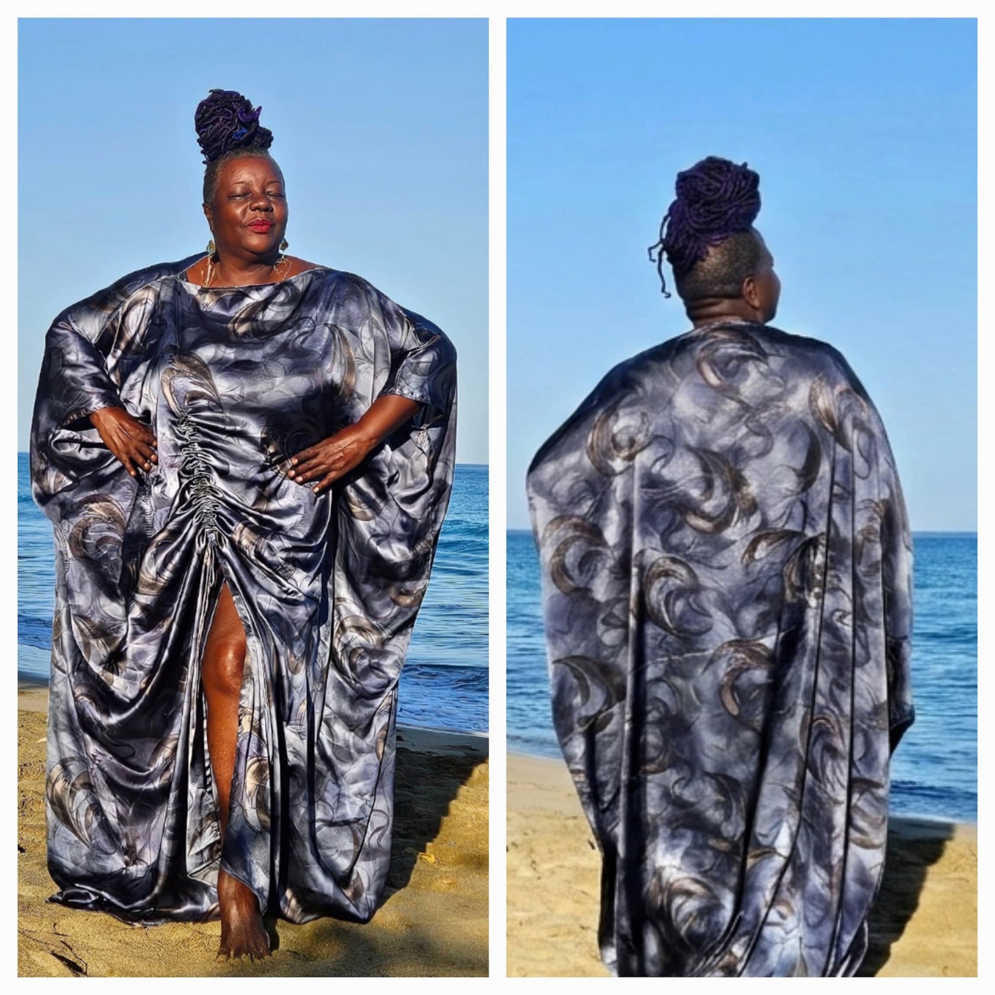 Woman wearing a patterned boubou  dress on a beach, shown from front and back.