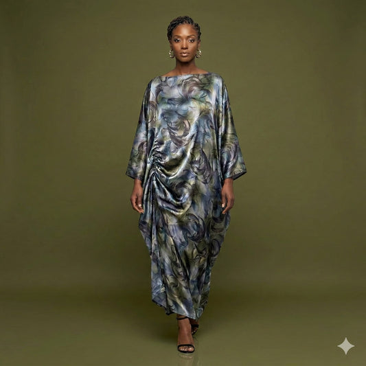 Woman wearing a Boubou dress on a green background