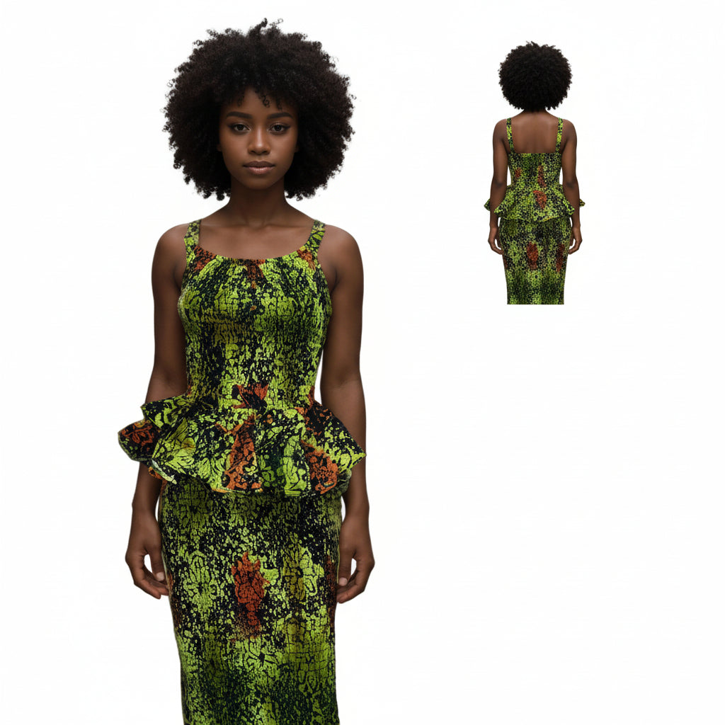 Woman wearing a green and black batik dress with a mannequin displaying the same dress.