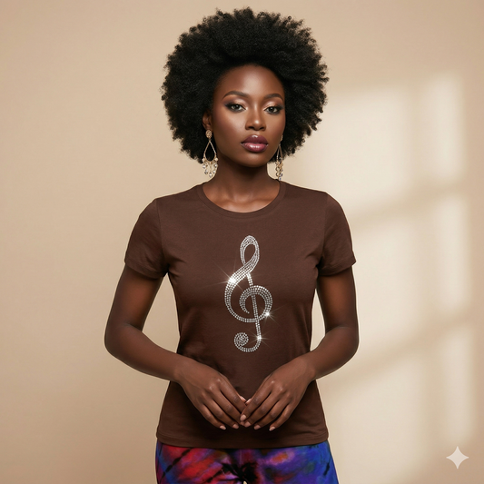 Woman wearing a brown t-shirt with a decorative clef symbol on a beige background