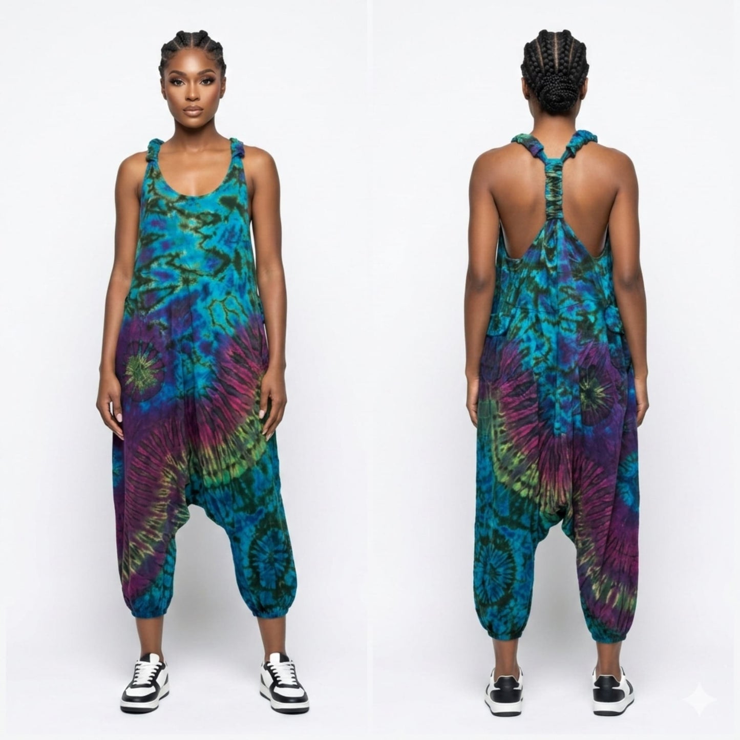Person wearing a tie-dye harem  jumpsuit from front and back views on a white background