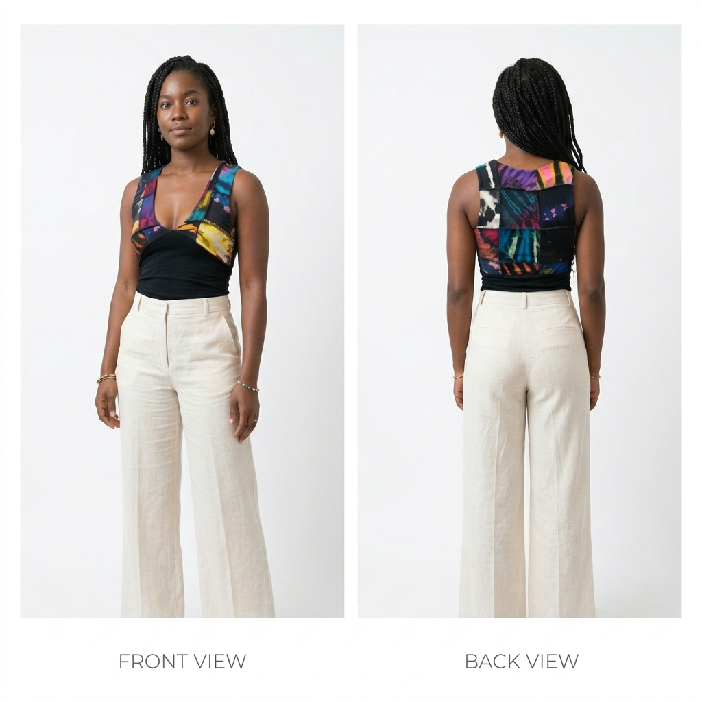 Woman wearing a colorful patch top and white pants, shown from front and back views 