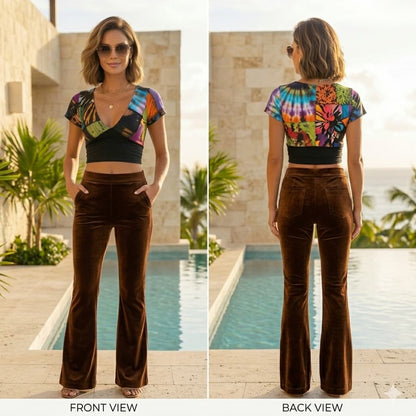 Woman wearing a colorful patchwork crop top and pants by a pool, shown from front and back views.