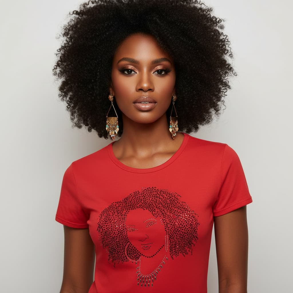 Woman in red fitted cotton t-shirt with rhinestone "Curls on the Go" natural hair design.