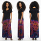 Woman wearing black dress with tie dye lower area purple and showing three profiles 