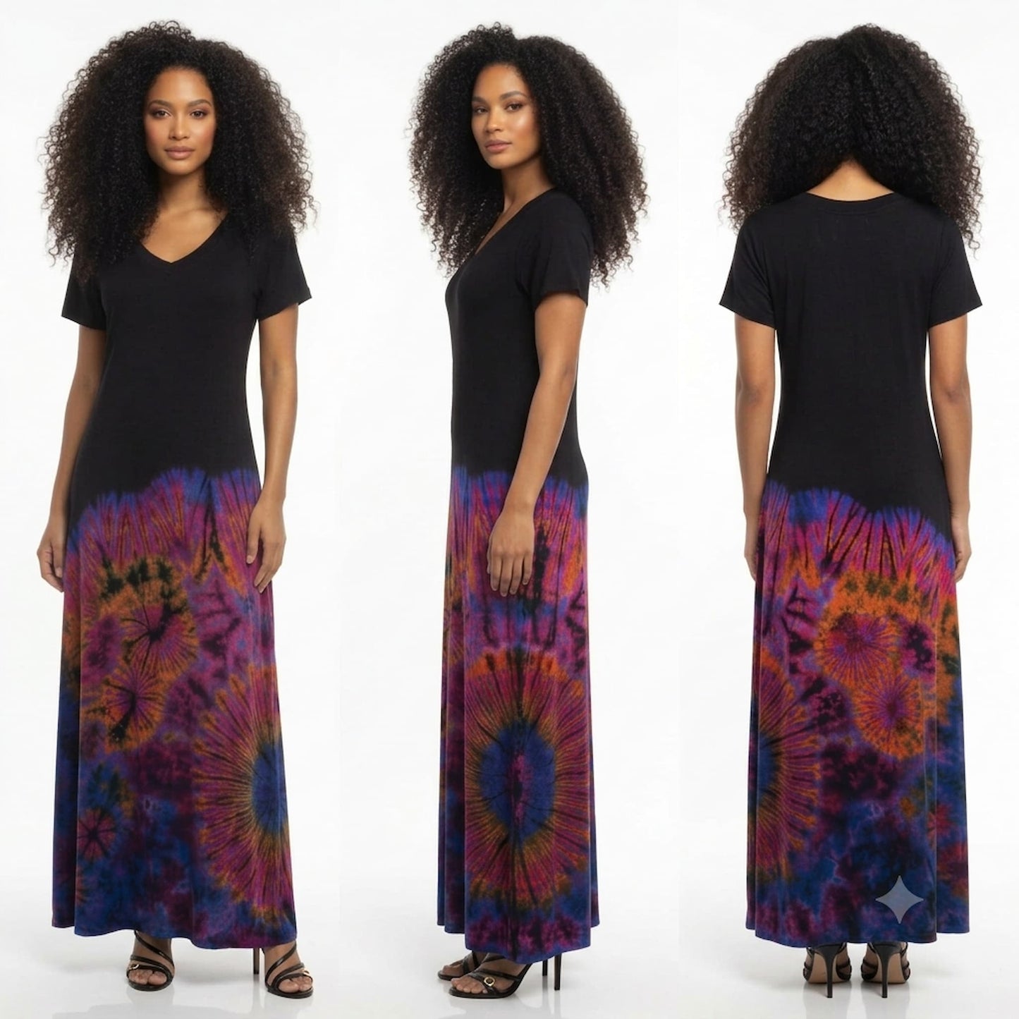 Woman wearing black dress with tie dye lower area purple and showing three profiles 