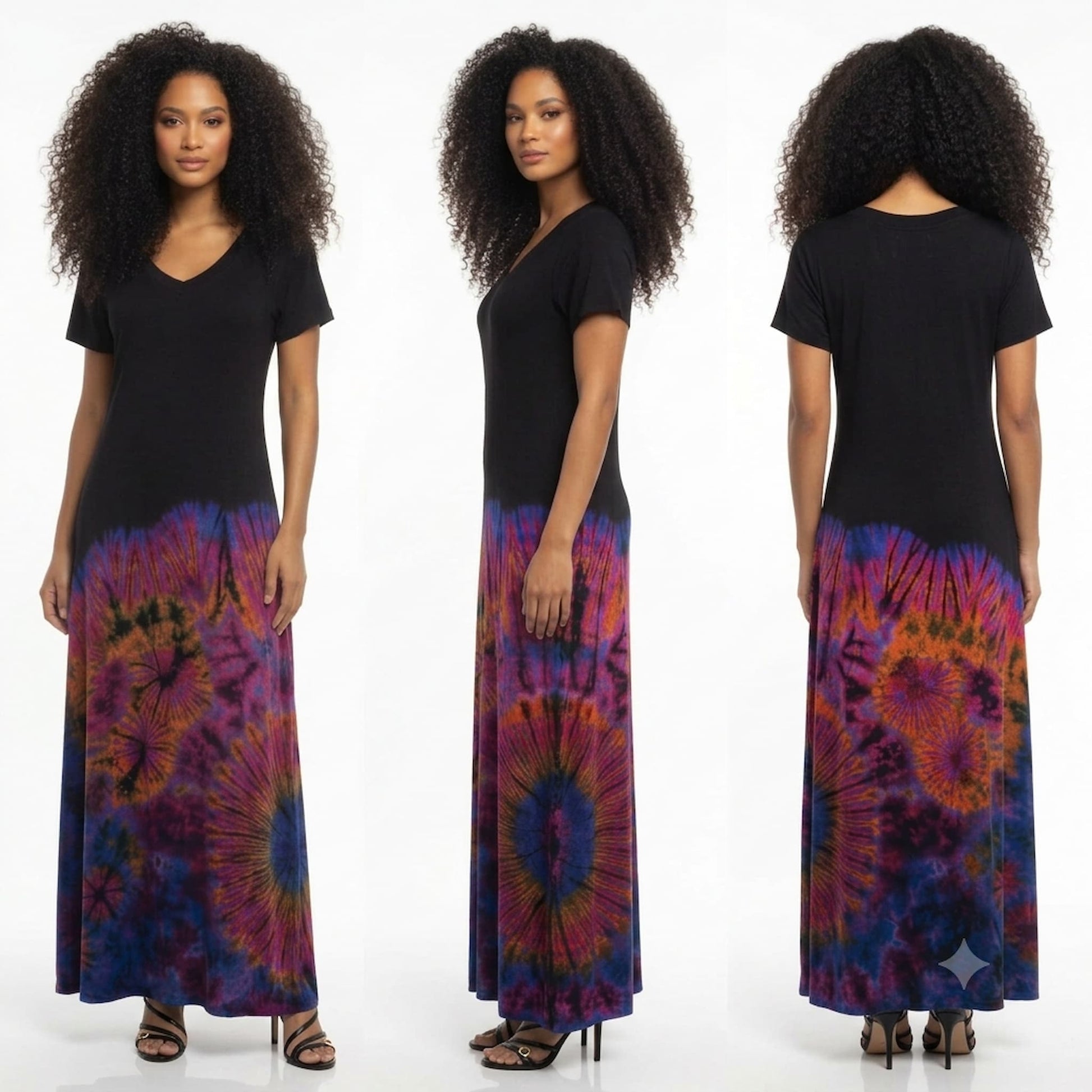 Woman wearing black dress with tie dye lower area purple and showing three profiles 