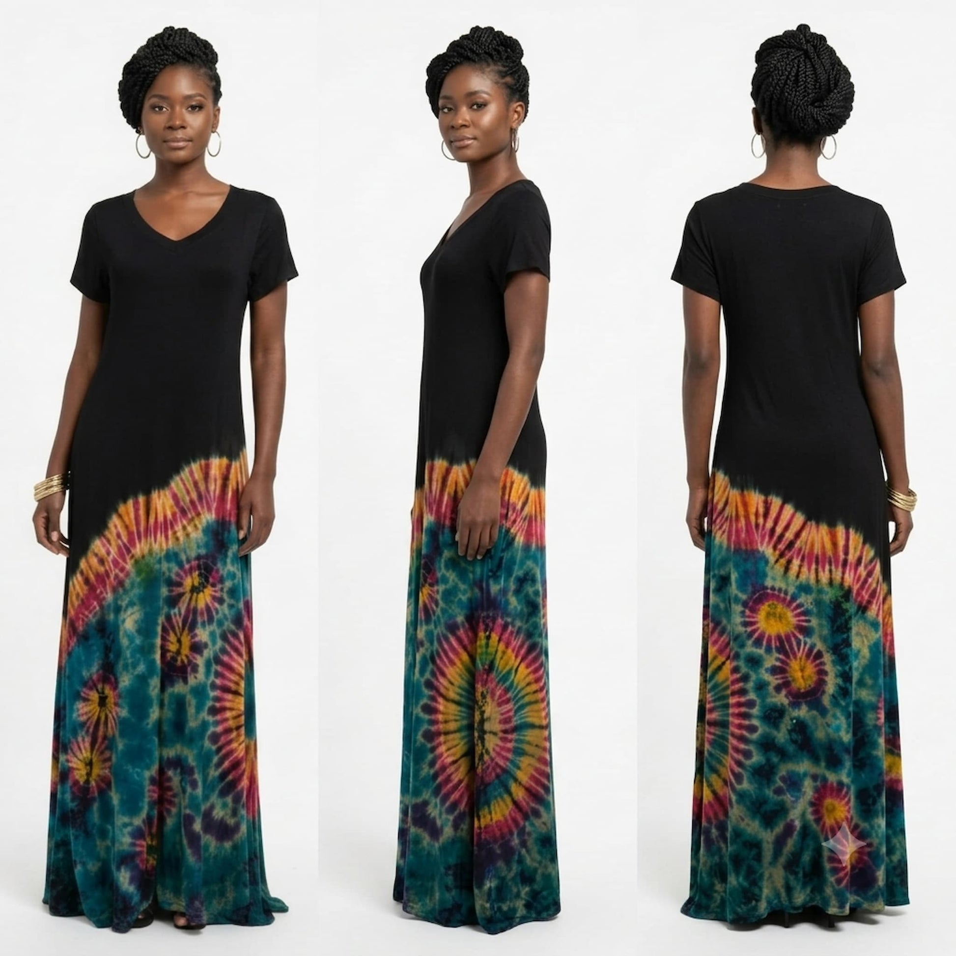 A woman modeling a short-sleeve dress has a solid black upper bodice and a long tie-dye skirt.