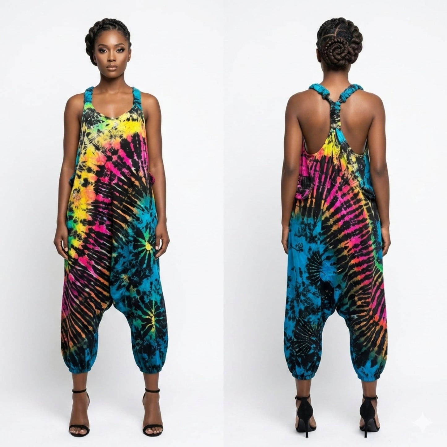 Woman wearing a colorful tie-dye harem jumpsuit from front and back views on a white background 