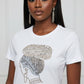 White fitted cap sleeve t-shirt with a dazzling rhinestone faux locs crown design.
