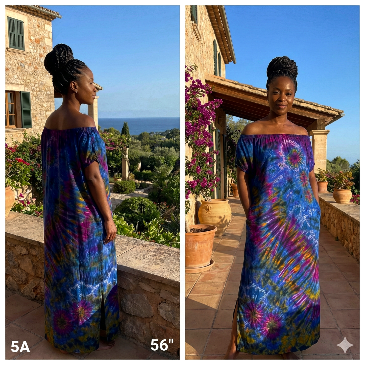 Woman wearing a colorful tie-dye dress in an outdoor setting with a scenic background.