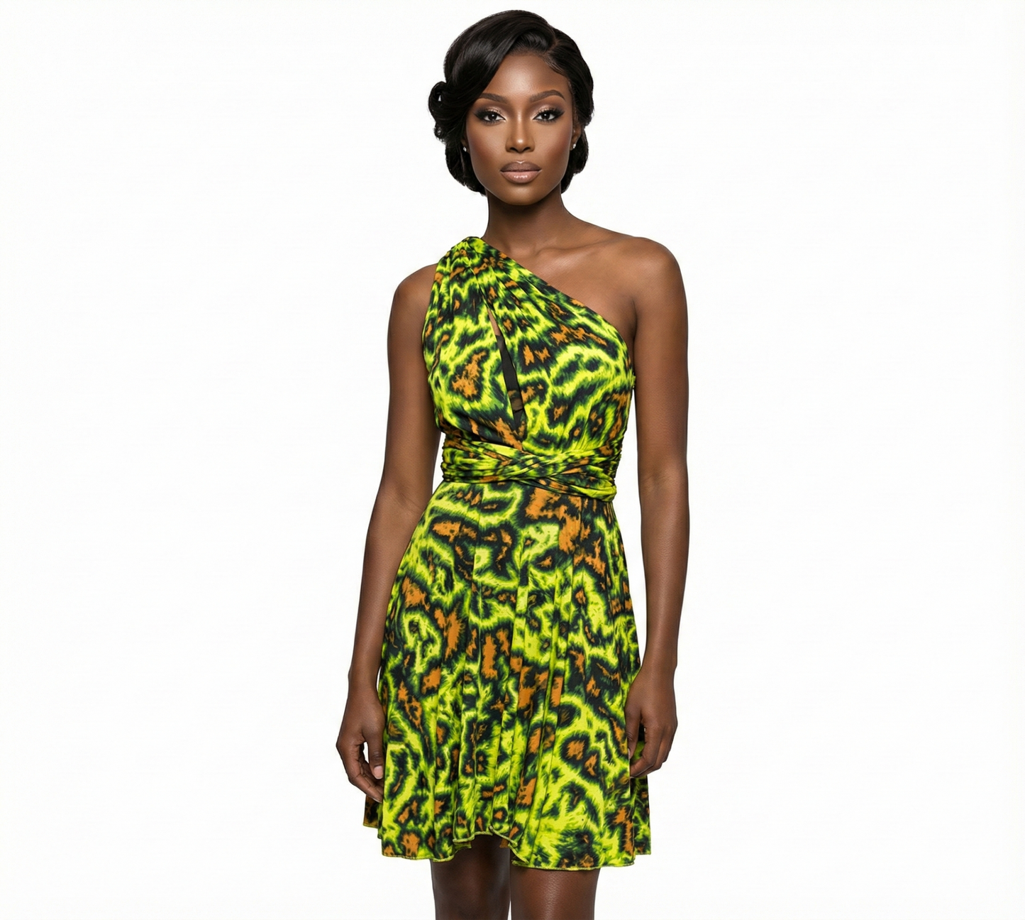 Woman wearing a bright green and orange patterned one-shoulder dress on a white background