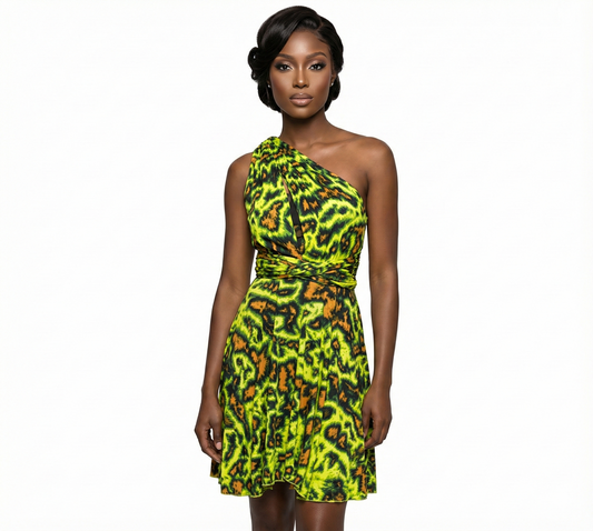 Woman wearing a bright green and orange patterned one-shoulder dress on a white background