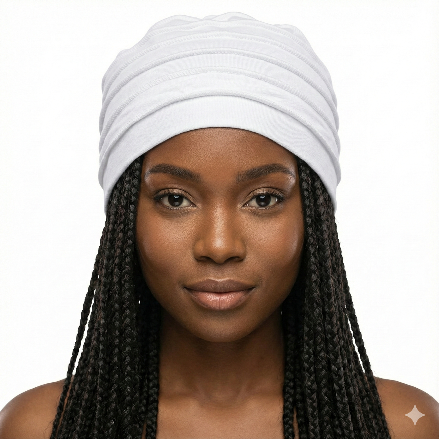 Woman wearing a white hat with braided hair on a white background
