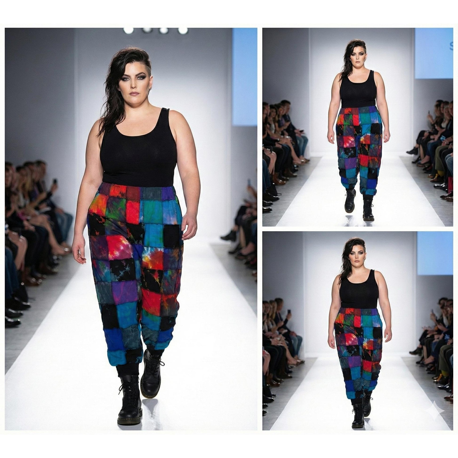 Model walking on a runway wearing colorful patchwork jogger and black top.