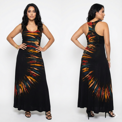 Woman wearing a black sleeveless dress with colorful abstract patterns, shown from front and 